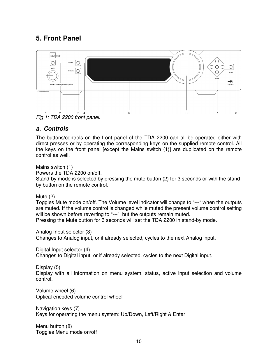 Front panel | Lyngdorf Audio TDA 2200 User Manual | Page 10 / 44
