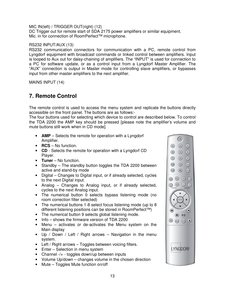 Remote control | Lyngdorf Audio TDA 2200 User Manual | Page 13 / 44