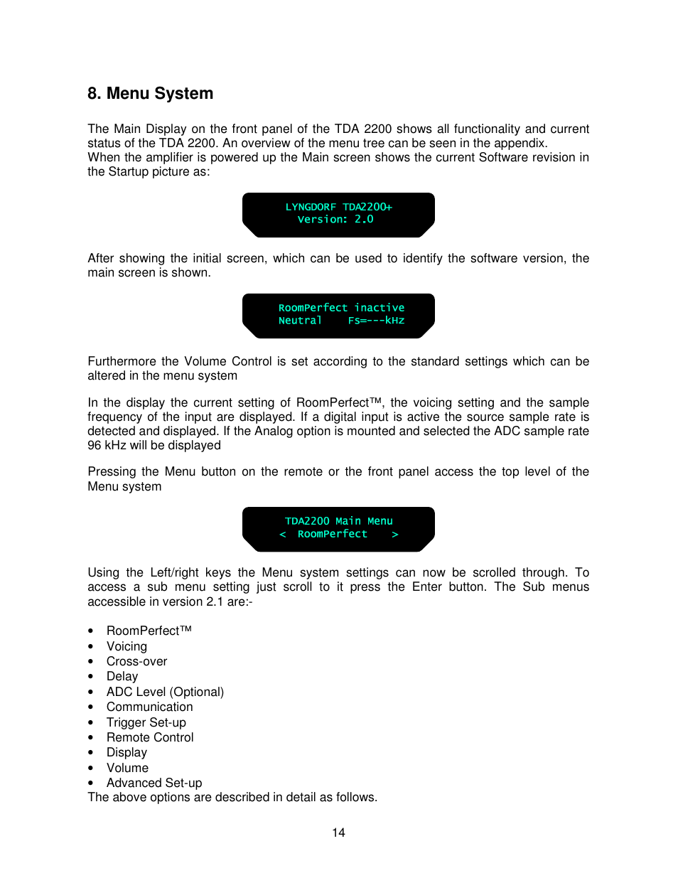 Menu system | Lyngdorf Audio TDA 2200 User Manual | Page 14 / 44