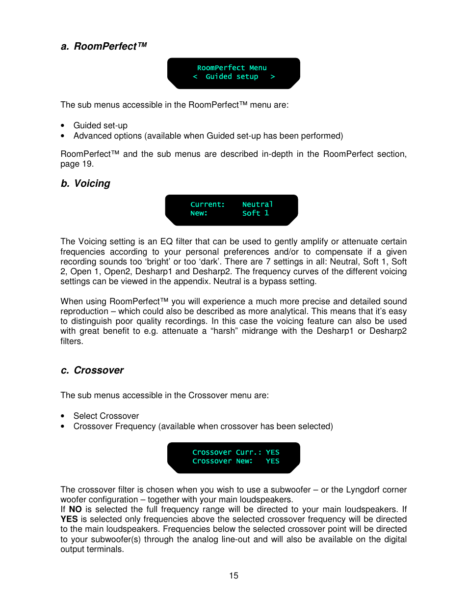 A. roomperfect, B. voicing, C. crossover | Lyngdorf Audio TDA 2200 User Manual | Page 15 / 44