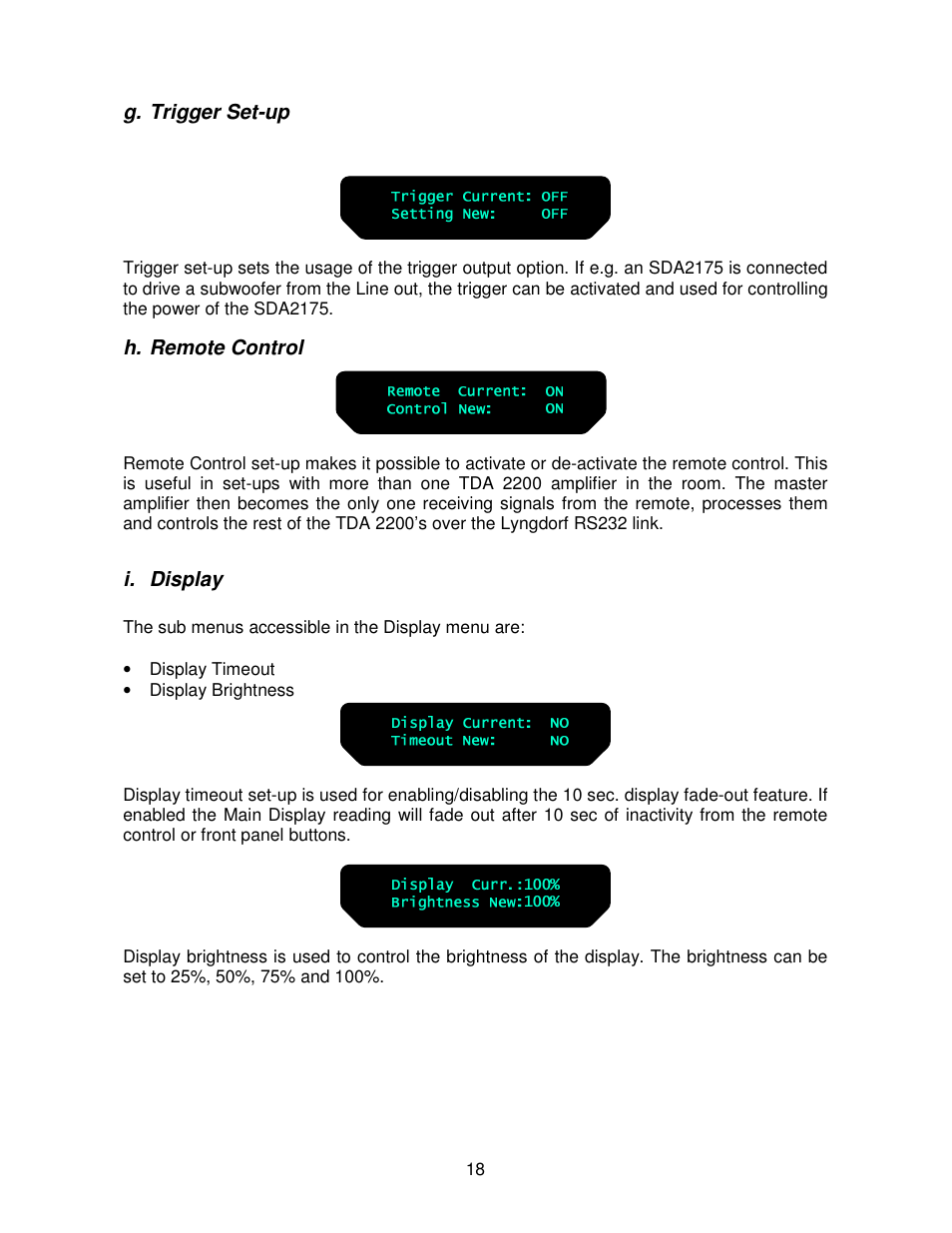 G. trigger set-up, H. remote control, I. display | Lyngdorf Audio TDA 2200 User Manual | Page 18 / 44