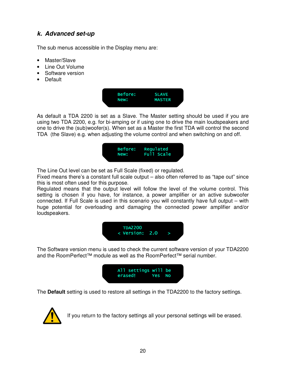 K. advanced set-up | Lyngdorf Audio TDA 2200 User Manual | Page 20 / 44