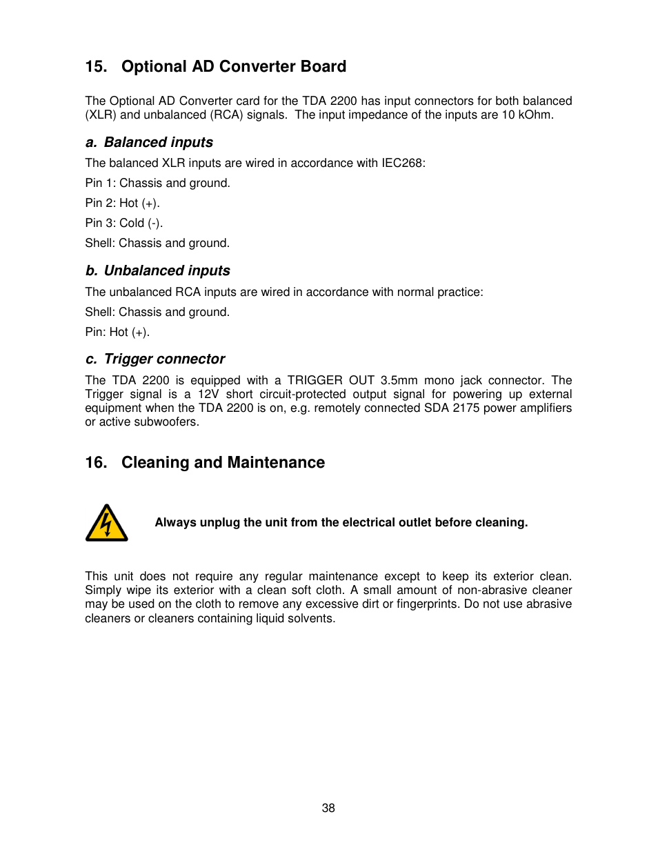 Optional ad converter board, Cleaning and maintenance | Lyngdorf Audio TDA 2200 User Manual | Page 38 / 44