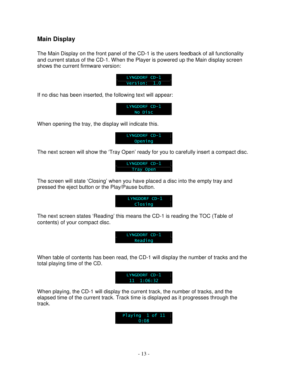 Main display | Lyngdorf Audio CD-1 User Manual | Page 13 / 21