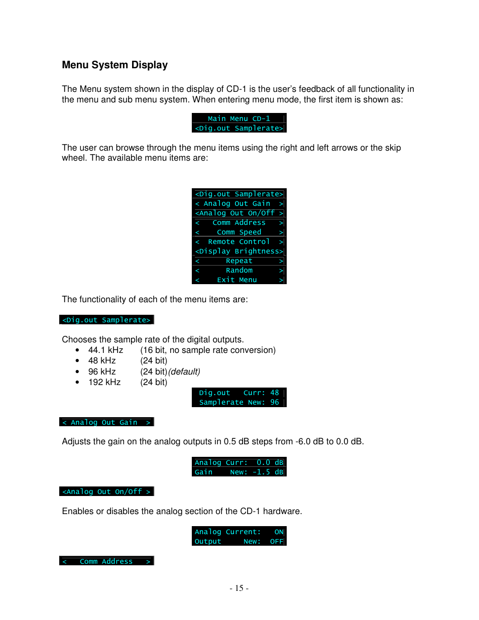 Menu system display | Lyngdorf Audio CD-1 User Manual | Page 15 / 21