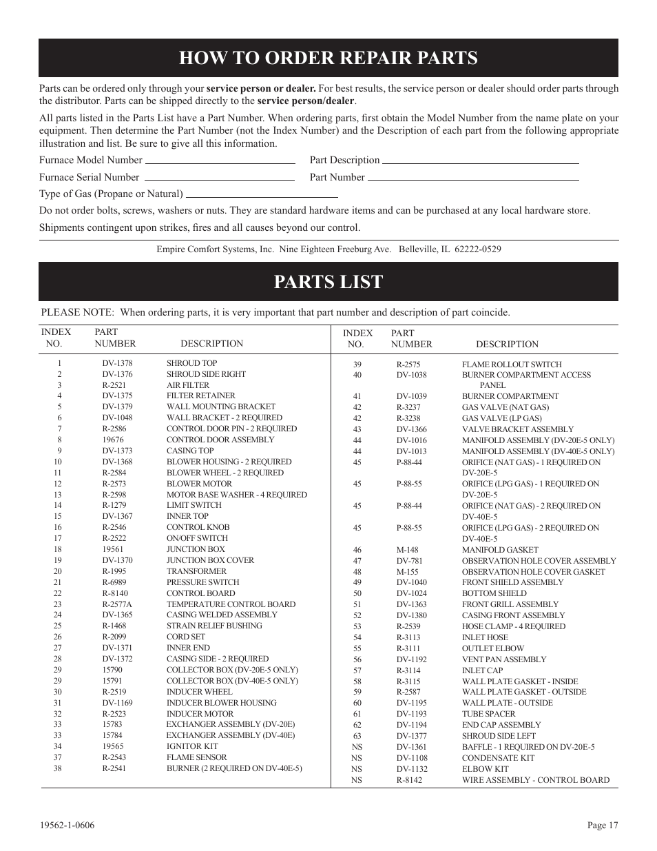 How to order repair parts parts list | Langley/Empire DV-40E-5 User Manual | Page 17 / 20
