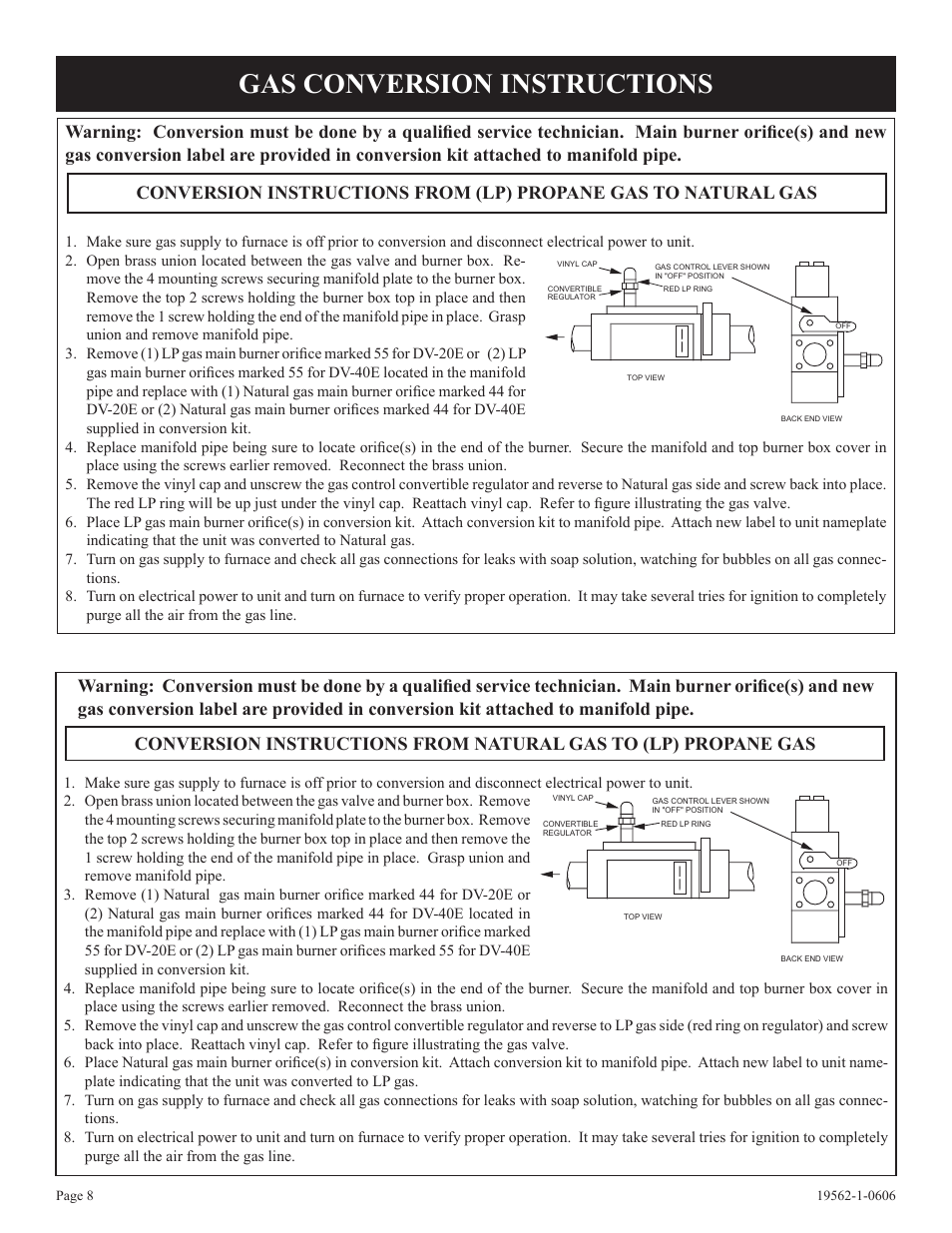 Gas conversion instructions | Langley/Empire DV-40E-5 User Manual | Page 8 / 20