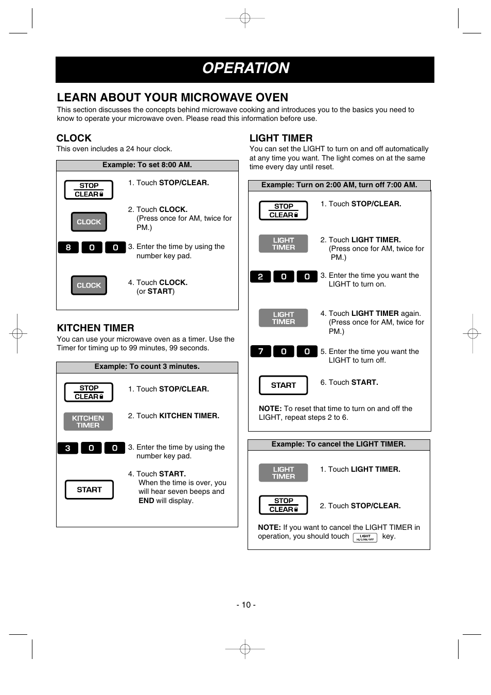 Operation, Learn about your microwave oven, Clock | Light timer, Kitchen timer | LG LMV1635SW User Manual | Page 10 / 31