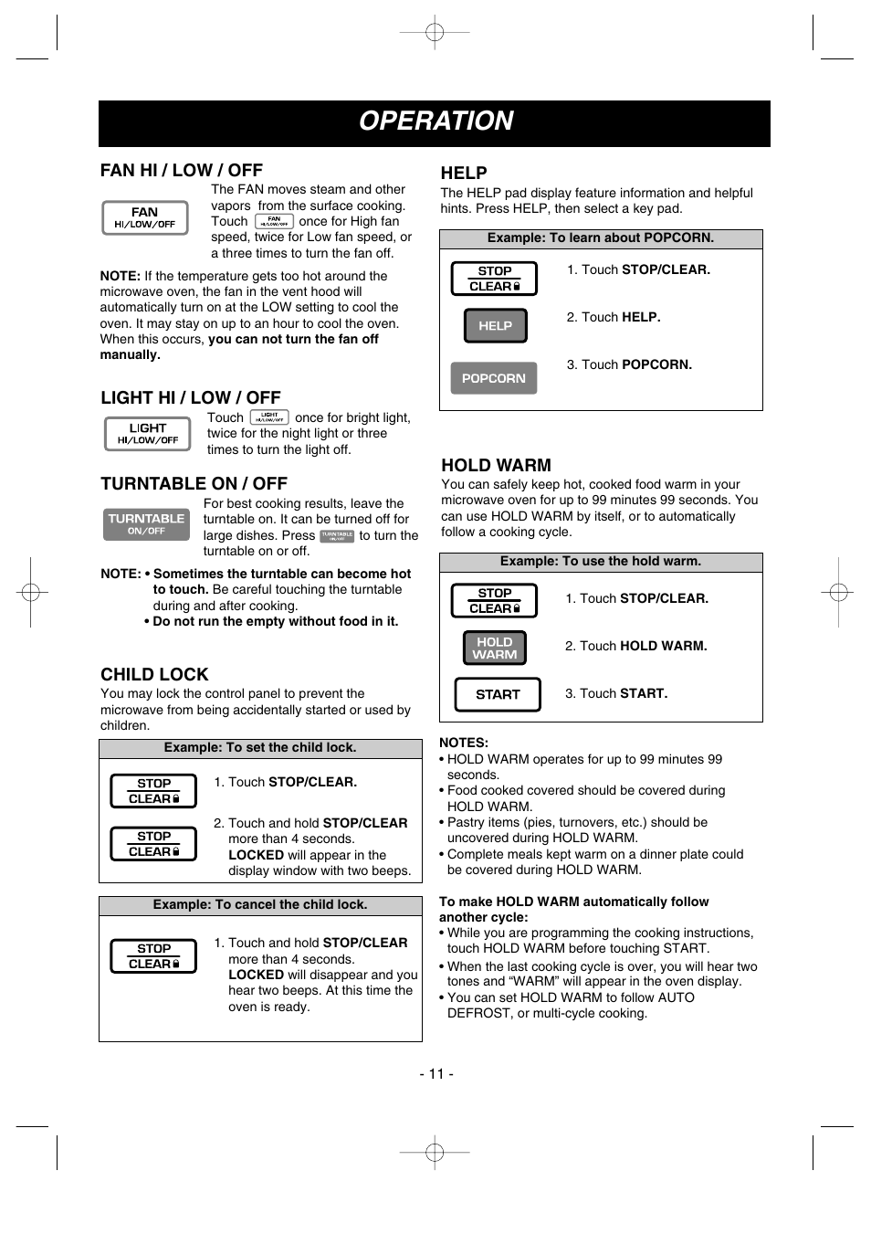 Operation, Child lock, Hold warm | Turntable on / off, Help, Fan hi / low / off, Light hi / low / off | LG LMV1635SW User Manual | Page 11 / 31