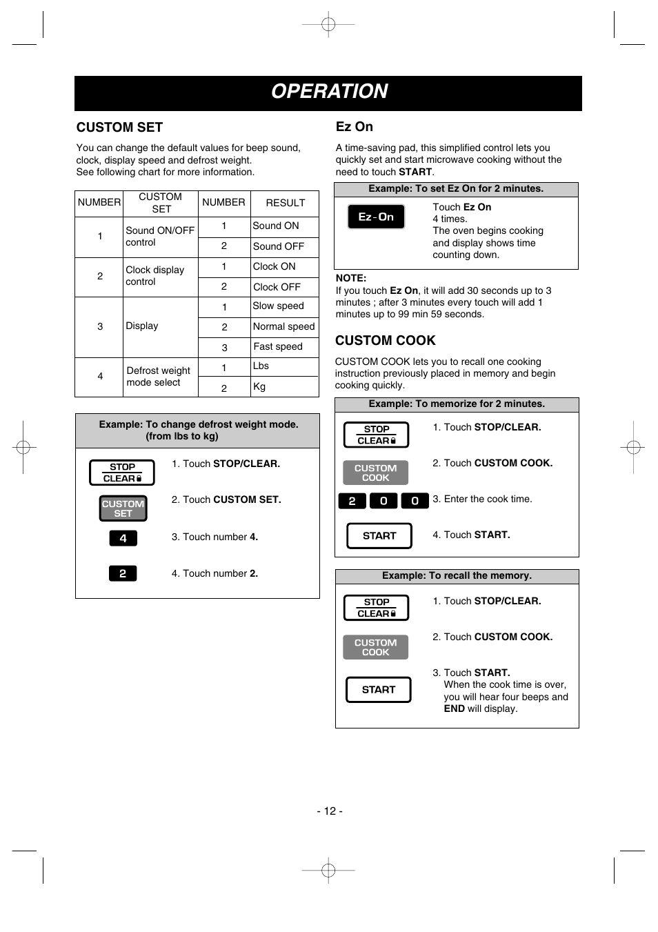 Operation, Custom set, Ez on | Custom cook | LG LMV1635SW User Manual | Page 12 / 31