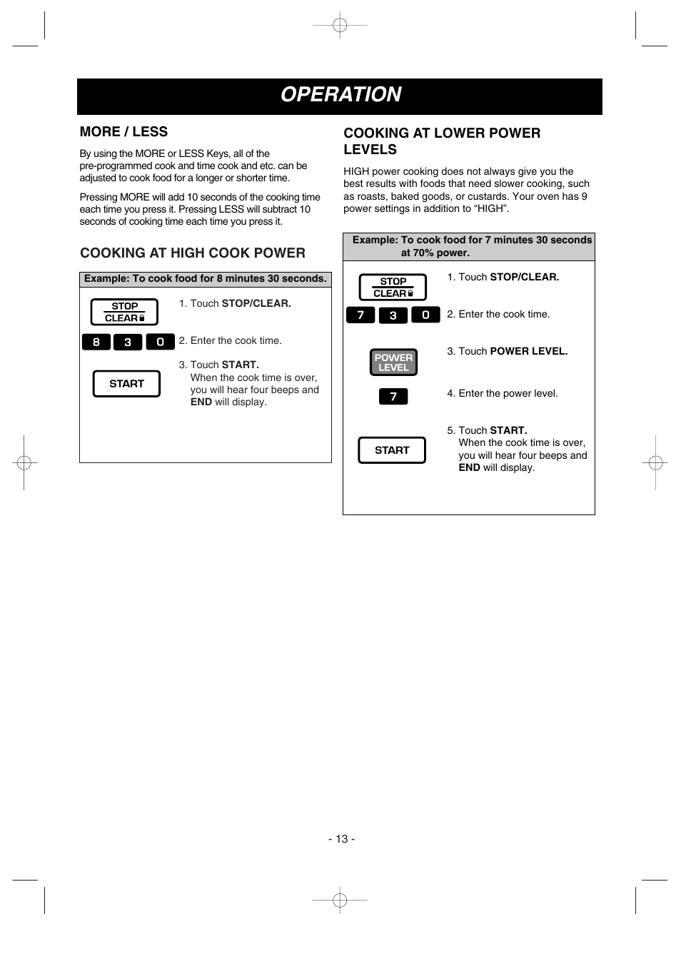 Operation, Cooking at high cook power, Cooking at lower power levels | More / less | LG LMV1635SW User Manual | Page 13 / 31