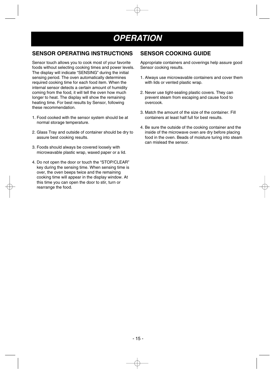 Operation, Sensor operating instructions, Sensor cooking guide | LG LMV1635SW User Manual | Page 15 / 31