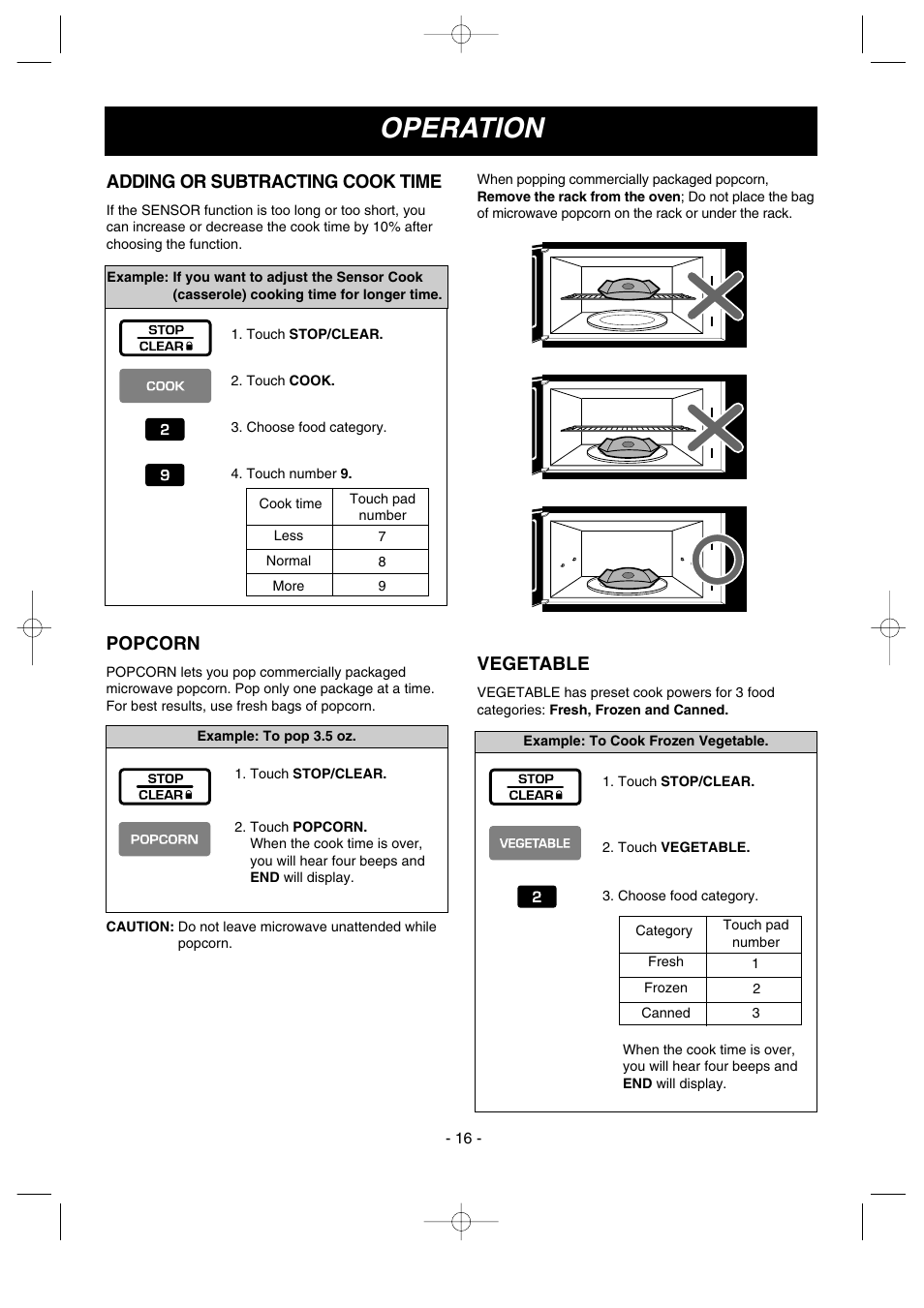 Operation, Adding or subtracting cook time, Vegetable | Popcorn | LG LMV1635SW User Manual | Page 16 / 31