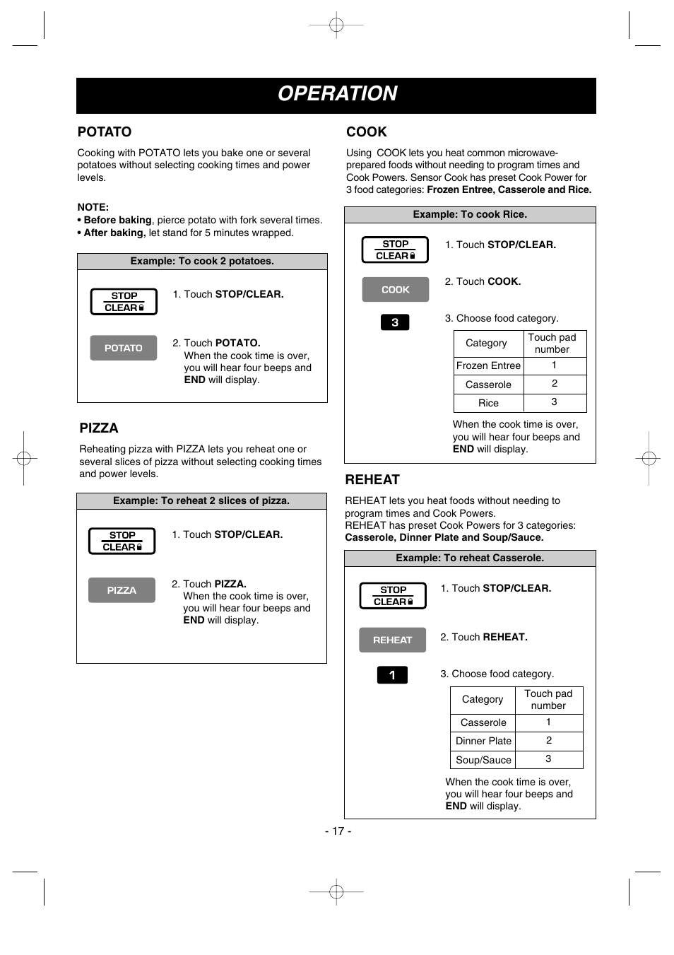 Operation, Cook, Reheat | Pizza, Potato | LG LMV1635SW User Manual | Page 17 / 31