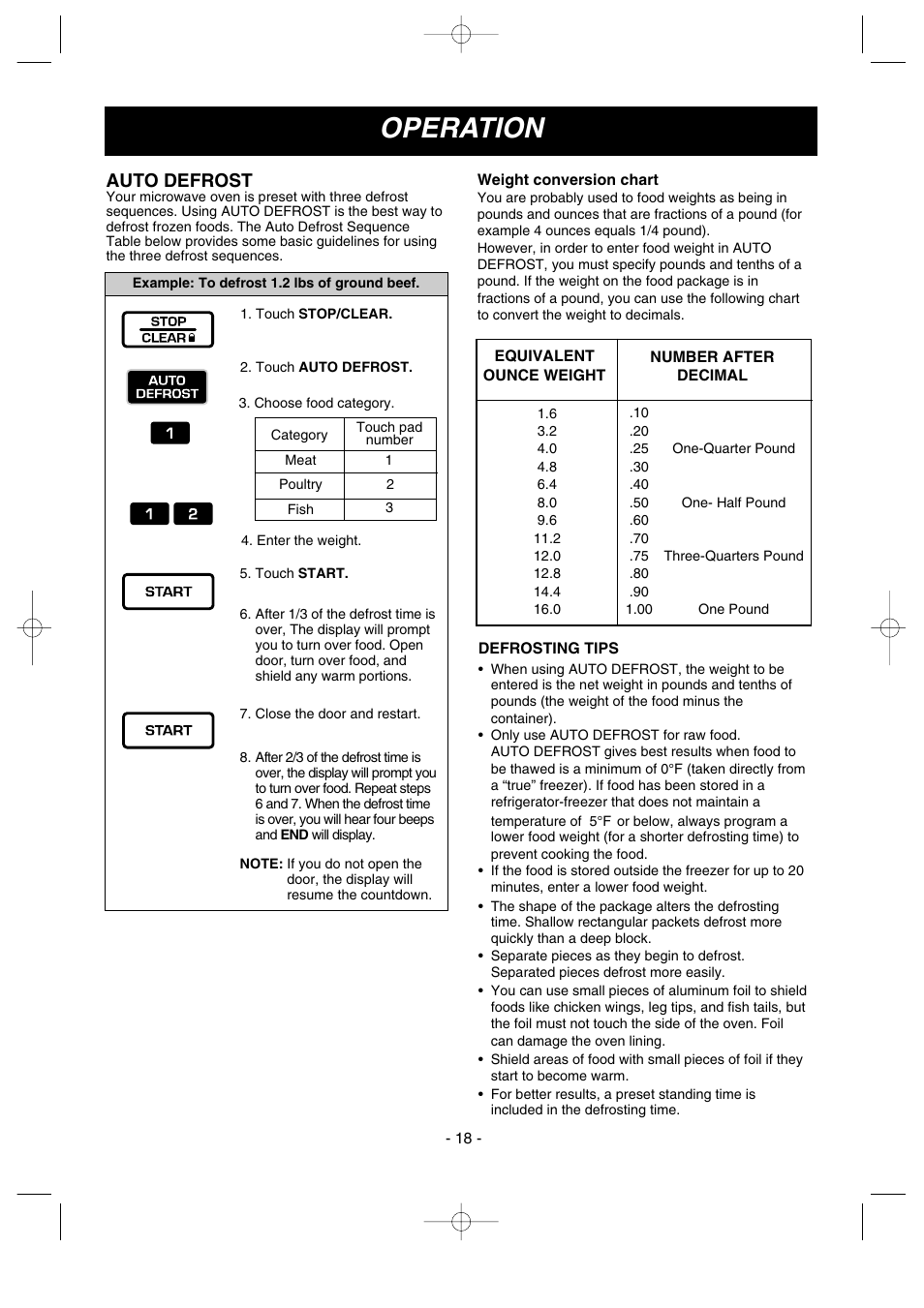 Operation, Auto defrost | LG LMV1635SW User Manual | Page 18 / 31