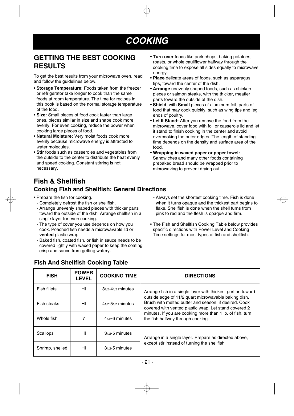 Cooking, Getting the best cooking results, Fish & shellfish | Cooking fish and shellfish: general directions, Fish and shellfish cooking table | LG LMV1635SW User Manual | Page 21 / 31