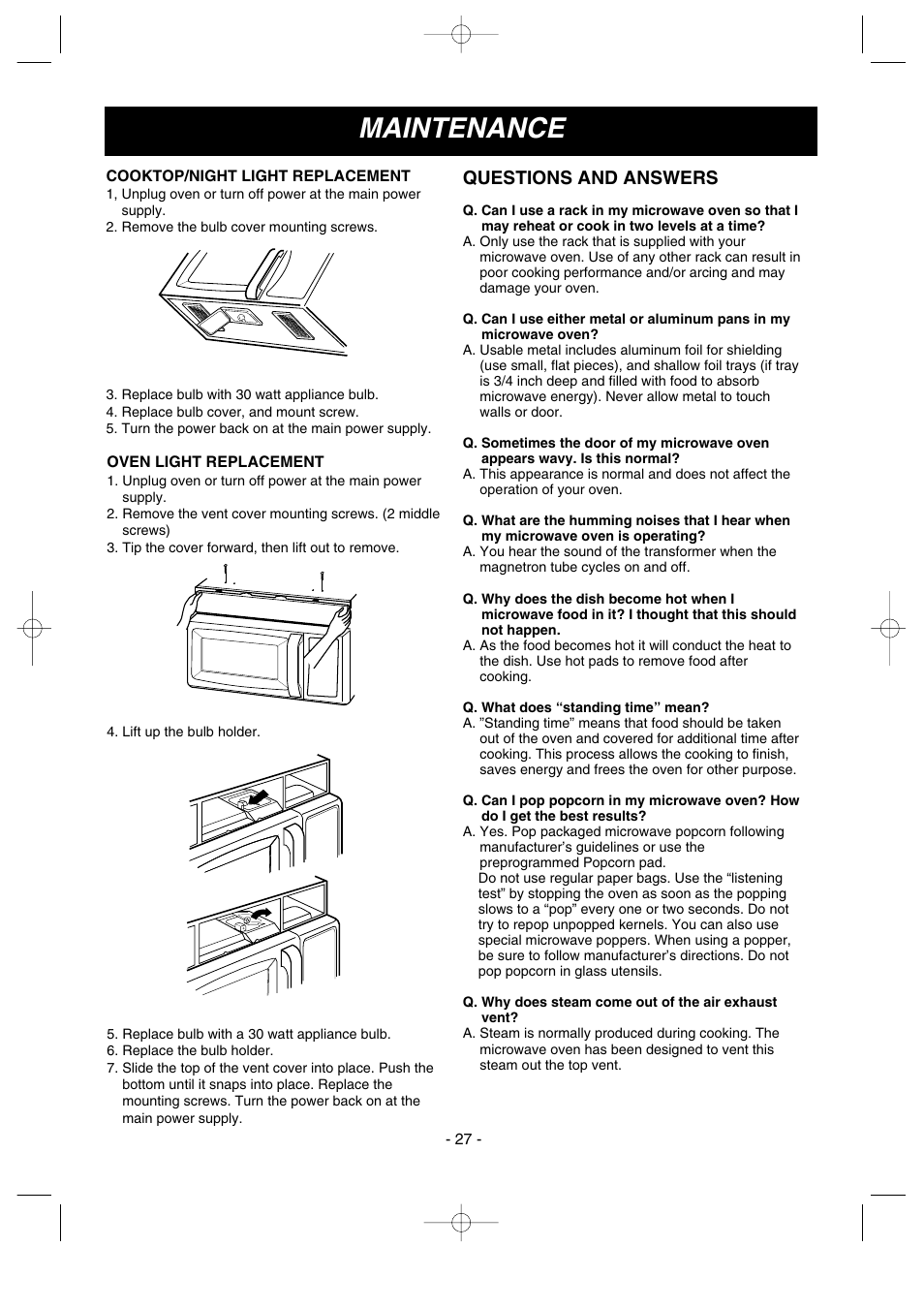 Maintenance, Questions and answers | LG LMV1635SW User Manual | Page 27 / 31