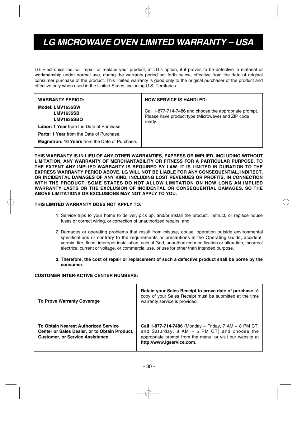 Lg microwave oven limited warranty – usa | LG LMV1635SW User Manual | Page 30 / 31