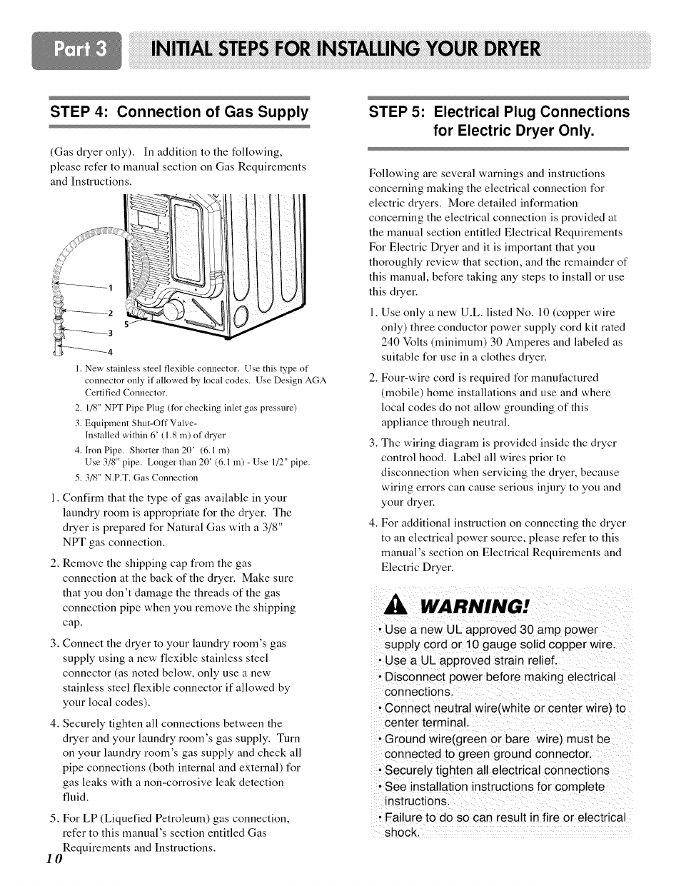 Initial steps for installing your dryer, Warning | LG ELECTRIC AND GAS DRYER D 5988W User Manual | Page 10 / 32