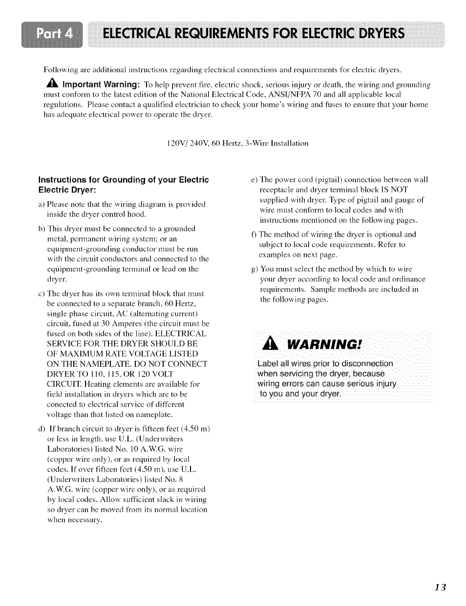 Electrical requirements for electric dryers, Warning | LG ELECTRIC AND GAS DRYER D 5988W User Manual | Page 13 / 32