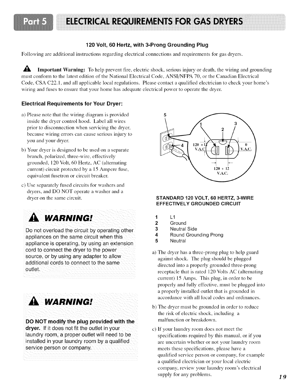 120 volt, 60 hertz, with 3-prong grounding plug, Electrical requirements for your dryer, Electrical requirements for gas dryers | A warning | LG ELECTRIC AND GAS DRYER D 5988W User Manual | Page 19 / 32