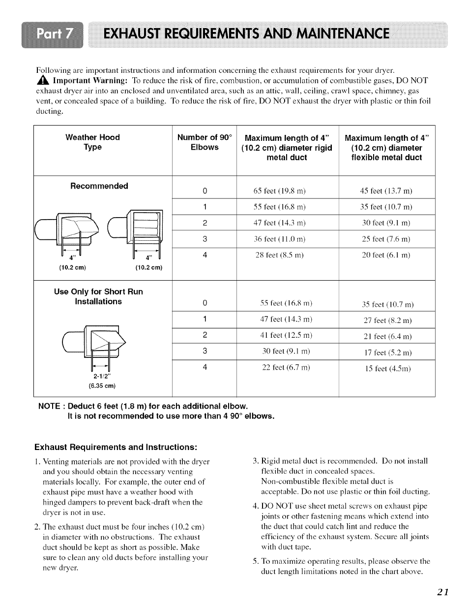 Exhaust requirements and instructions, Exhaust requirements and aàaintenangé | LG ELECTRIC AND GAS DRYER D 5988W User Manual | Page 21 / 32