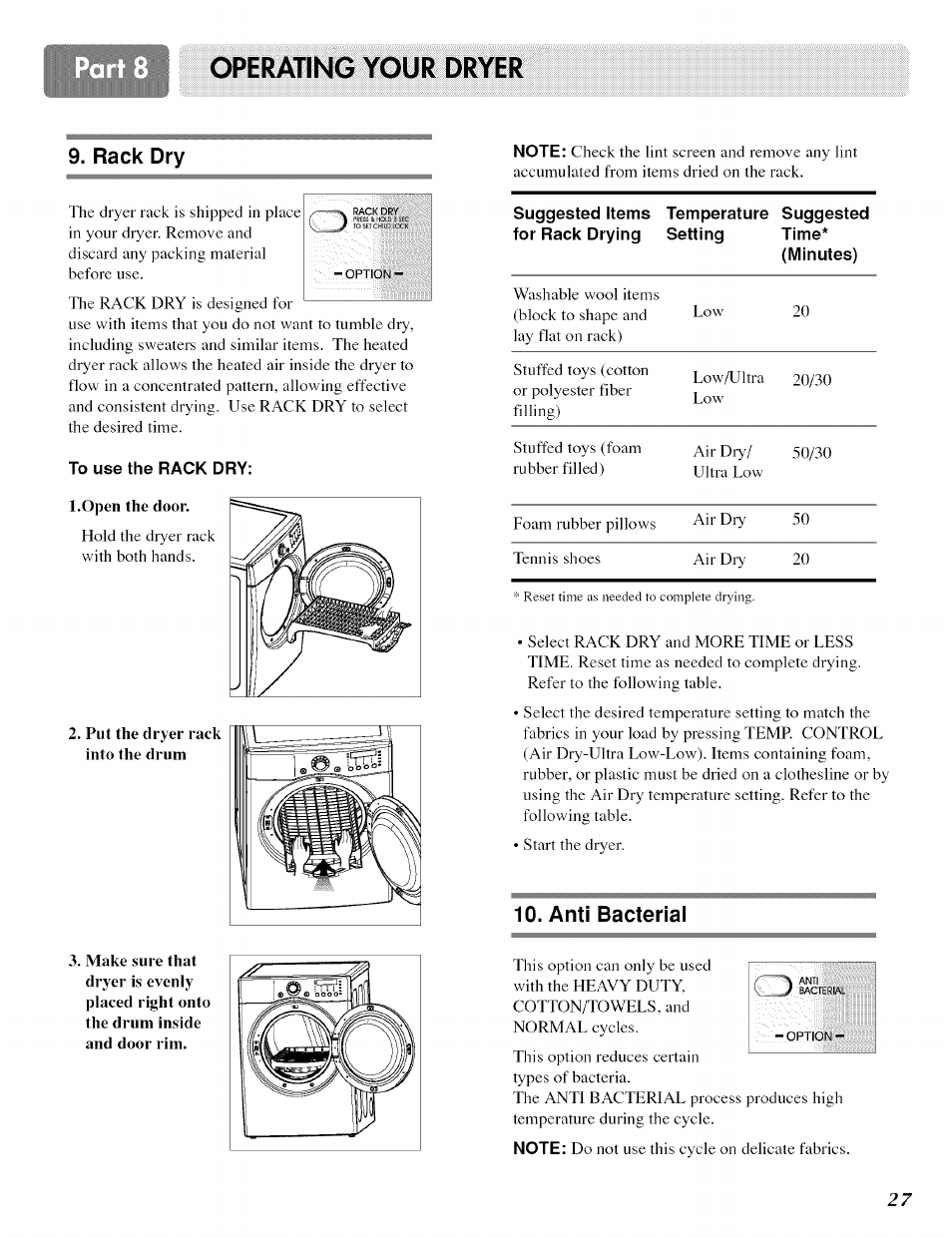 To use the rack dry, Operating your dryer, Rack dry | Anti bacterial | LG ELECTRIC AND GAS DRYER D 5988W User Manual | Page 27 / 32