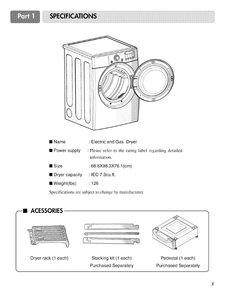 Specifications, Acessories | LG ELECTRIC AND GAS DRYER D 5988W User Manual | Page 3 / 32