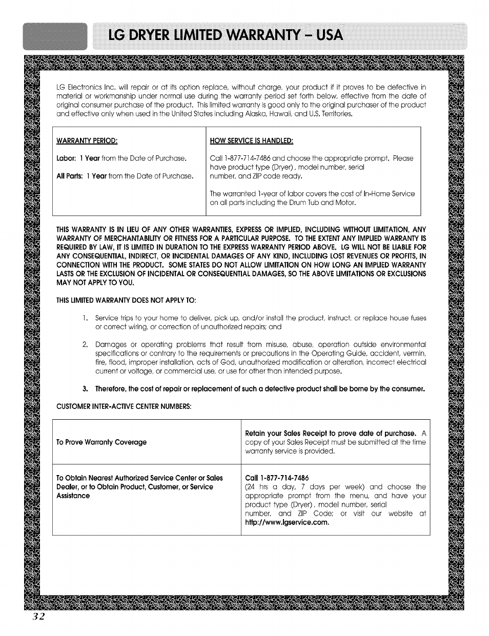 Lg dryer limited vwrr | LG ELECTRIC AND GAS DRYER D 5988W User Manual | Page 32 / 32