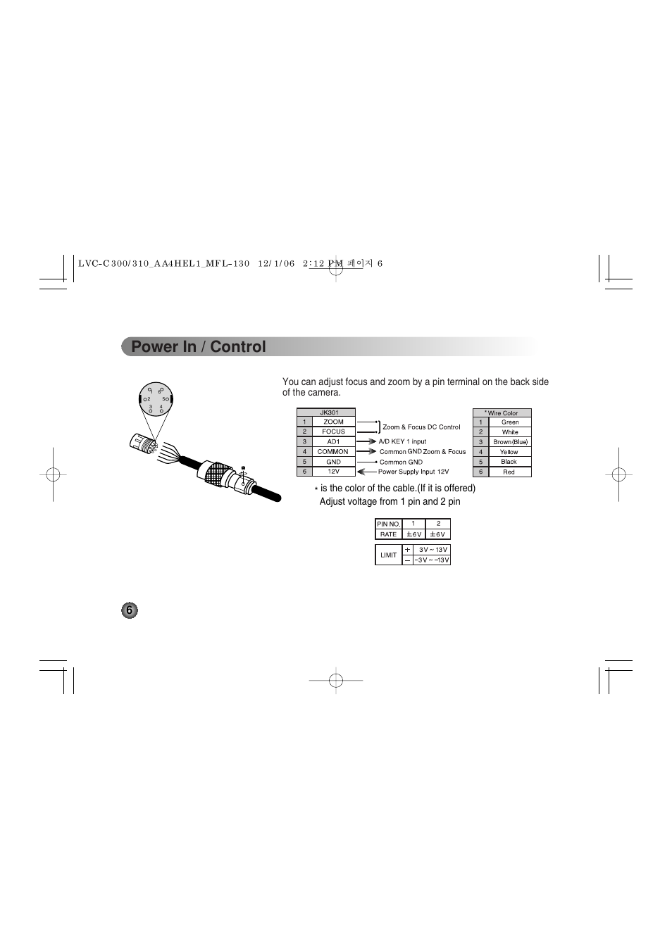 Power in / control | LG LVC-C301NM User Manual | Page 6 / 28