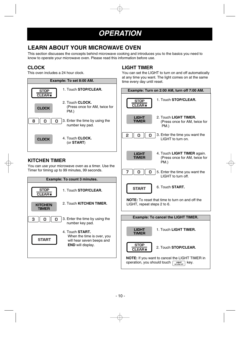 Operation, Learn about your microwave oven, Clock | Light timer, Kitchen timer | LG GoldStar MV1615B User Manual | Page 10 / 31