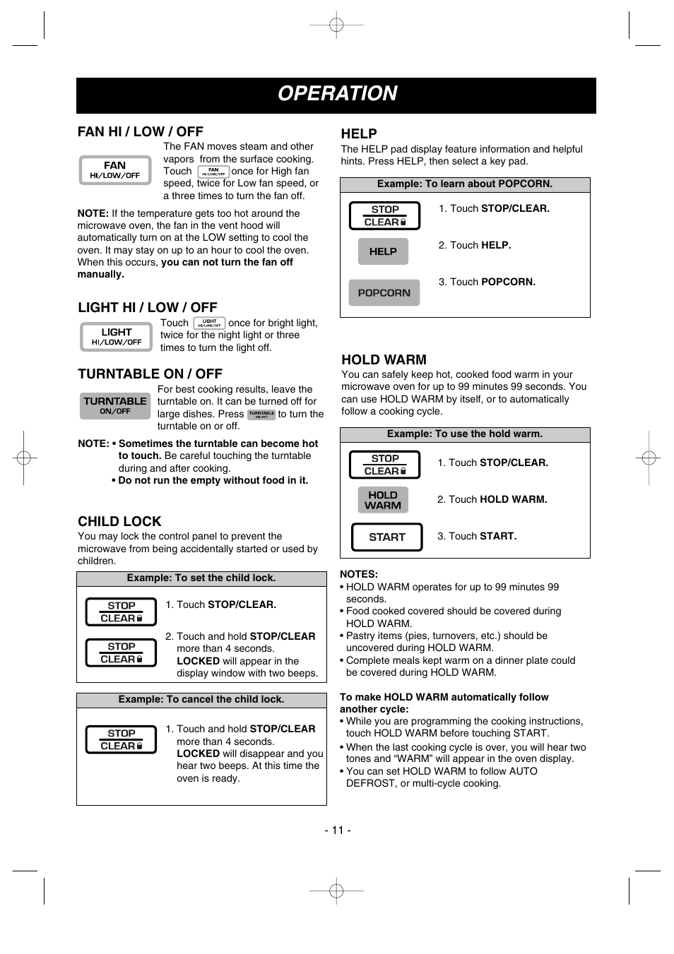 Operation, Child lock, Hold warm | Turntable on / off, Help, Fan hi / low / off, Light hi / low / off | LG GoldStar MV1615B User Manual | Page 11 / 31