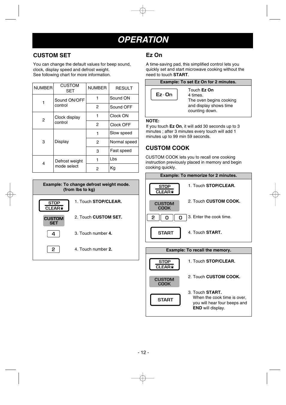 Operation, Custom set, Ez on | Custom cook | LG GoldStar MV1615B User Manual | Page 12 / 31