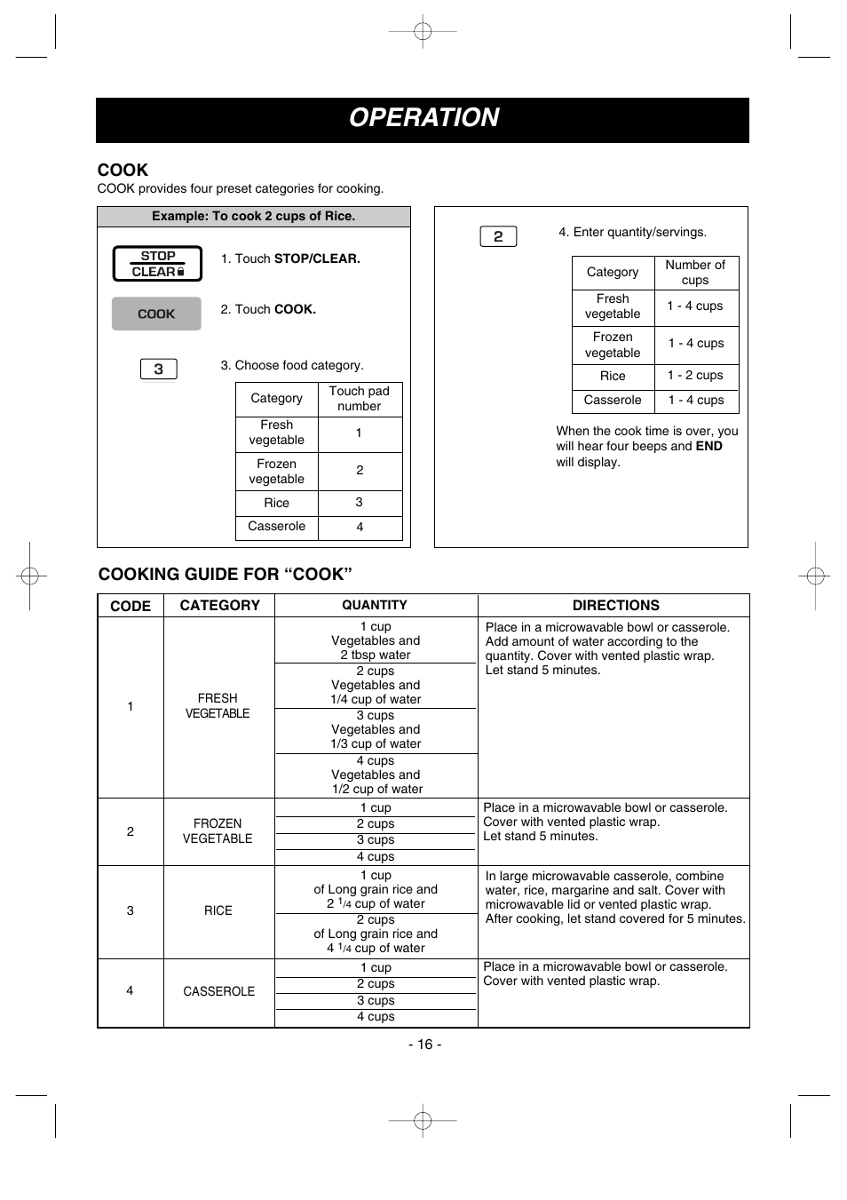 Operation, Cook, Cooking guide for “cook | LG GoldStar MV1615B User Manual | Page 16 / 31