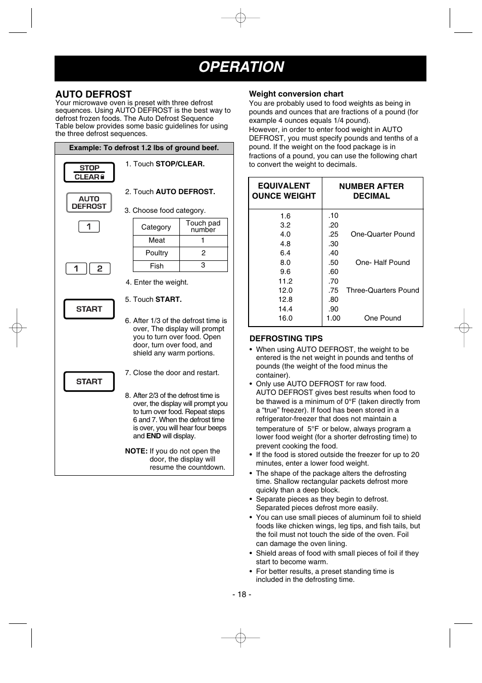 Operation, Auto defrost | LG GoldStar MV1615B User Manual | Page 18 / 31