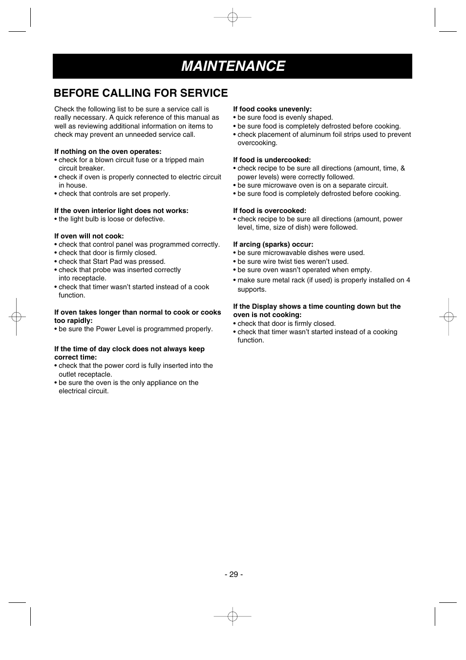 Maintenance, Before calling for service | LG GoldStar MV1615B User Manual | Page 29 / 31