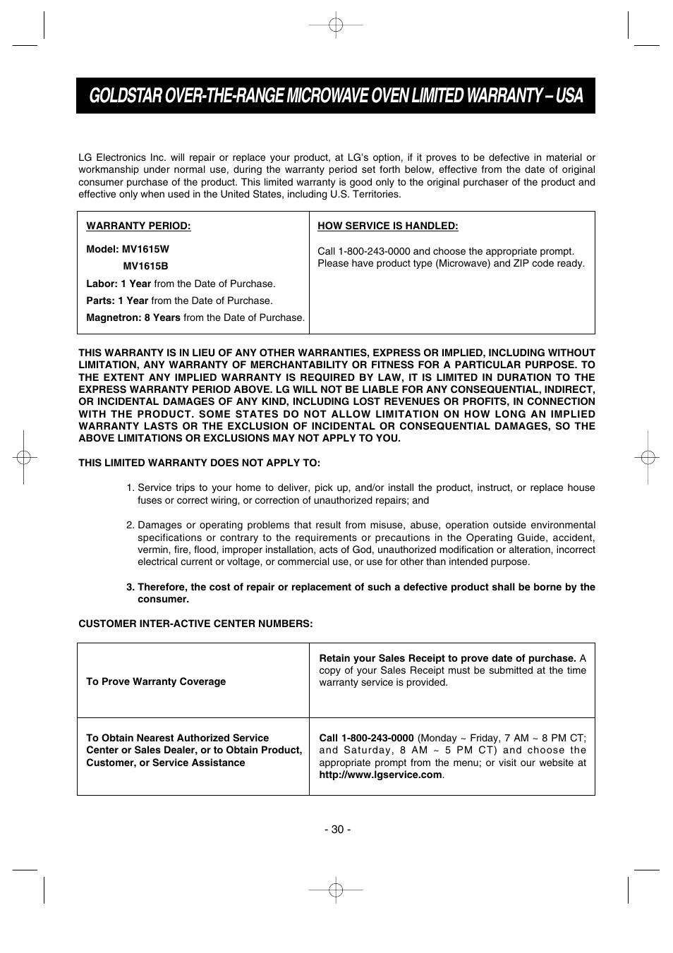 LG GoldStar MV1615B User Manual | Page 30 / 31