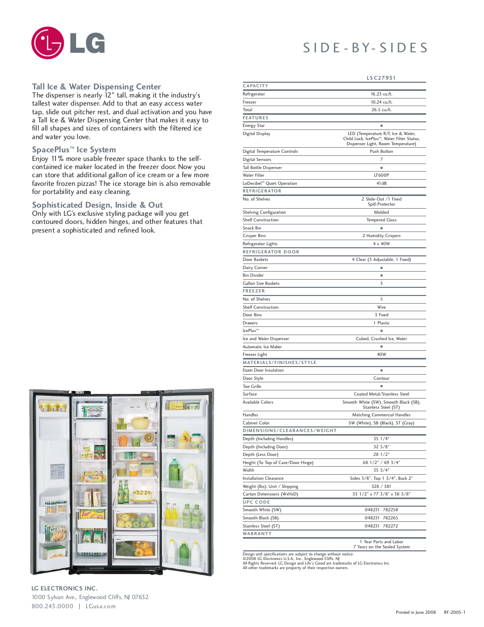 Tall ice & water dispensing center, Spaceplus, Ice system | Sophisticated design, inside & out | LG LSC27931SB User Manual | Page 2 / 2