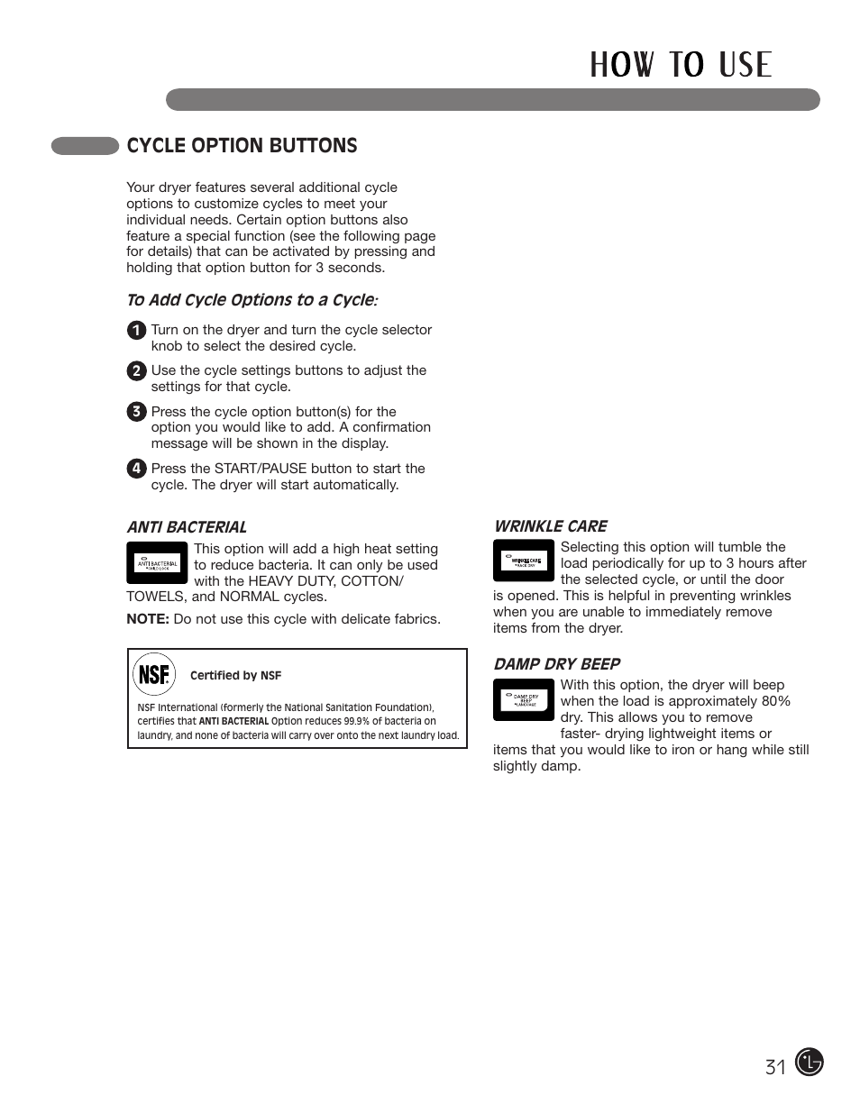 Cycle option buttons cycle setting buttons | LG DLEX3001W User Manual | Page 31 / 92