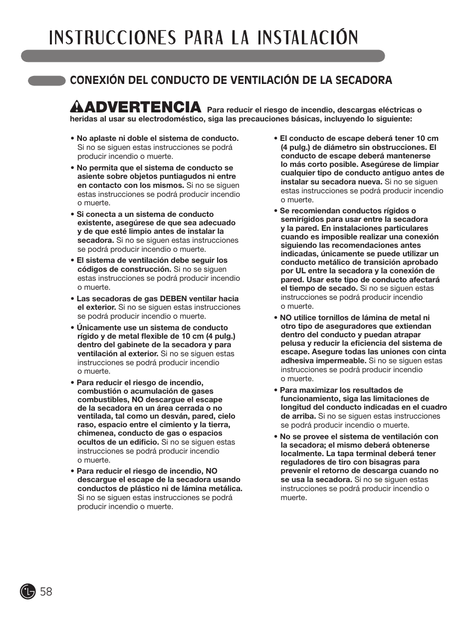 Wadvertencia | LG DLEX3001W User Manual | Page 58 / 92
