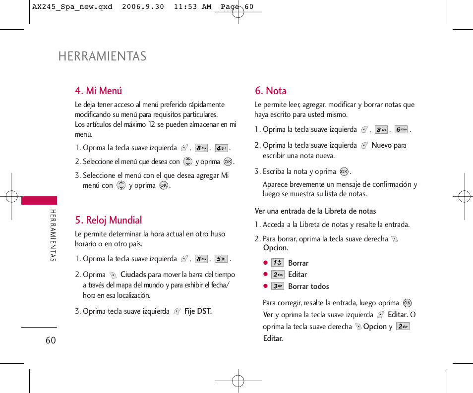 Herramientas, Mi menú, Reloj mundial | Nota | LG AX245 User Manual | Page 161 / 200