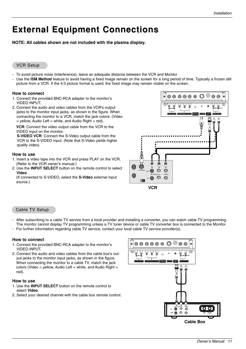 External equipment connections, How to connect, How to use | Vcr setup, Cable, Cable tv setup tv setup, Cable box, Owner’s manual 11 installation | LG 44VK MU-42 User Manual | Page 11 / 39