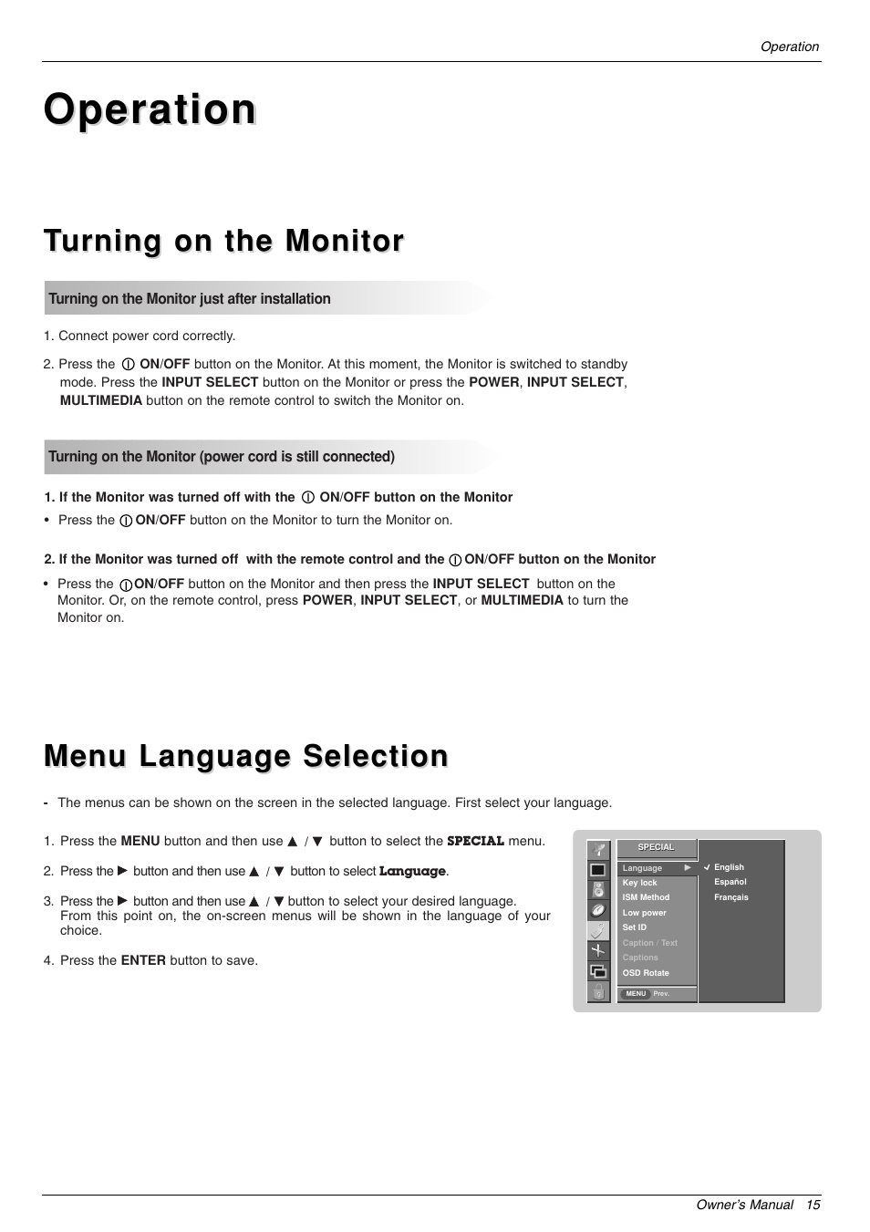 Operation, Menu language selection | LG 44VK MU-42 User Manual | Page 15 / 39
