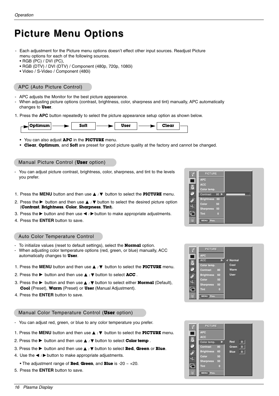 Picture menu options, Manual picture control, Option) | Apc (auto picture control), Auto color, Manual color | LG 44VK MU-42 User Manual | Page 16 / 39
