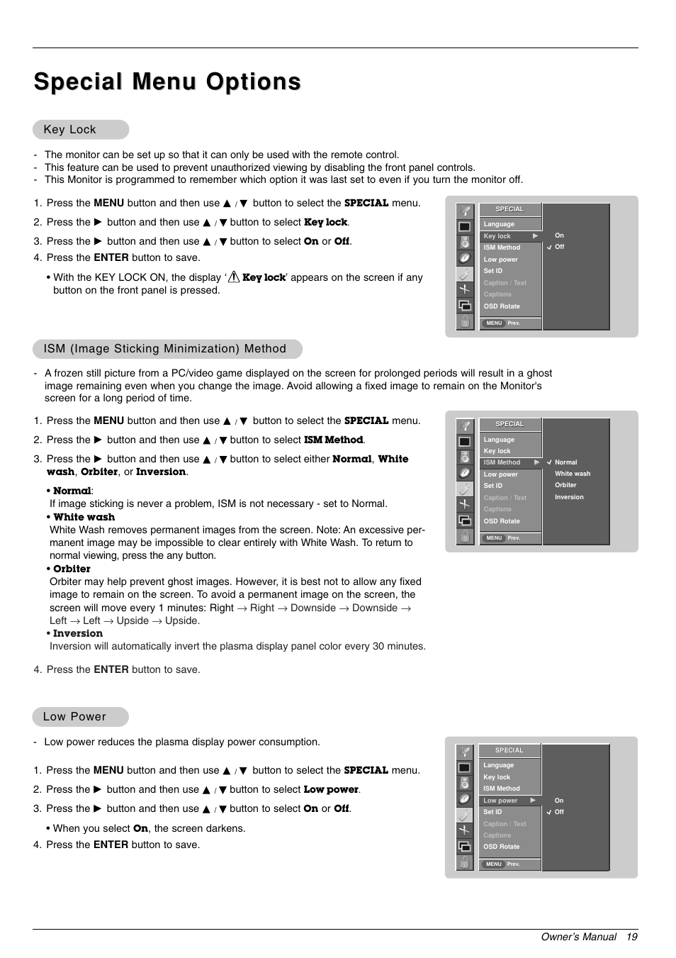 Special menu options, Key lock, Ism (image sticking minimization) method | Low power | LG 44VK MU-42 User Manual | Page 19 / 39