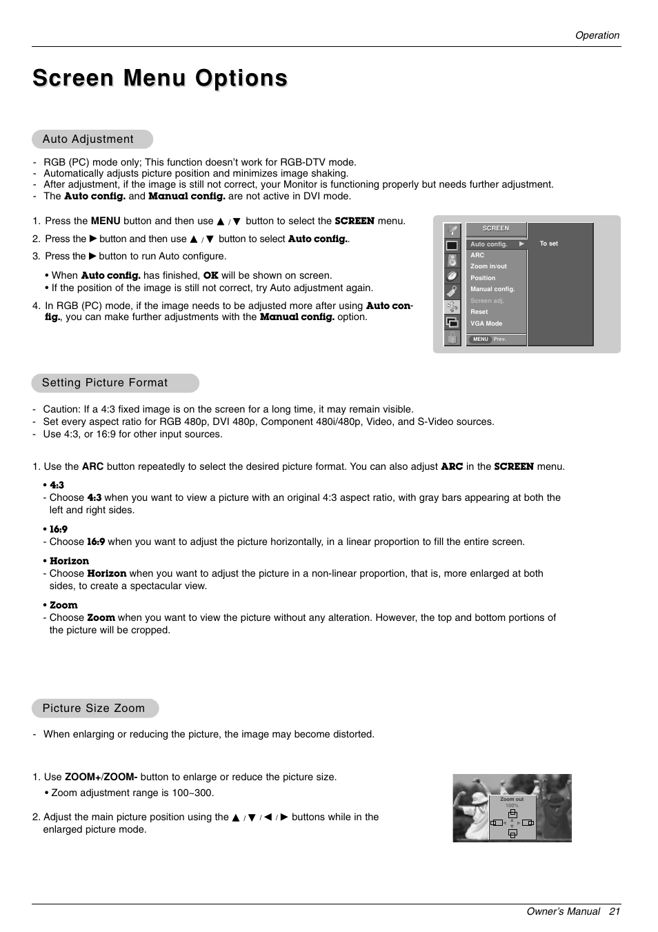 Screen menu options, Auto, Auto adjustment adjustment | Setting picture format, Picture size zoom | LG 44VK MU-42 User Manual | Page 21 / 39