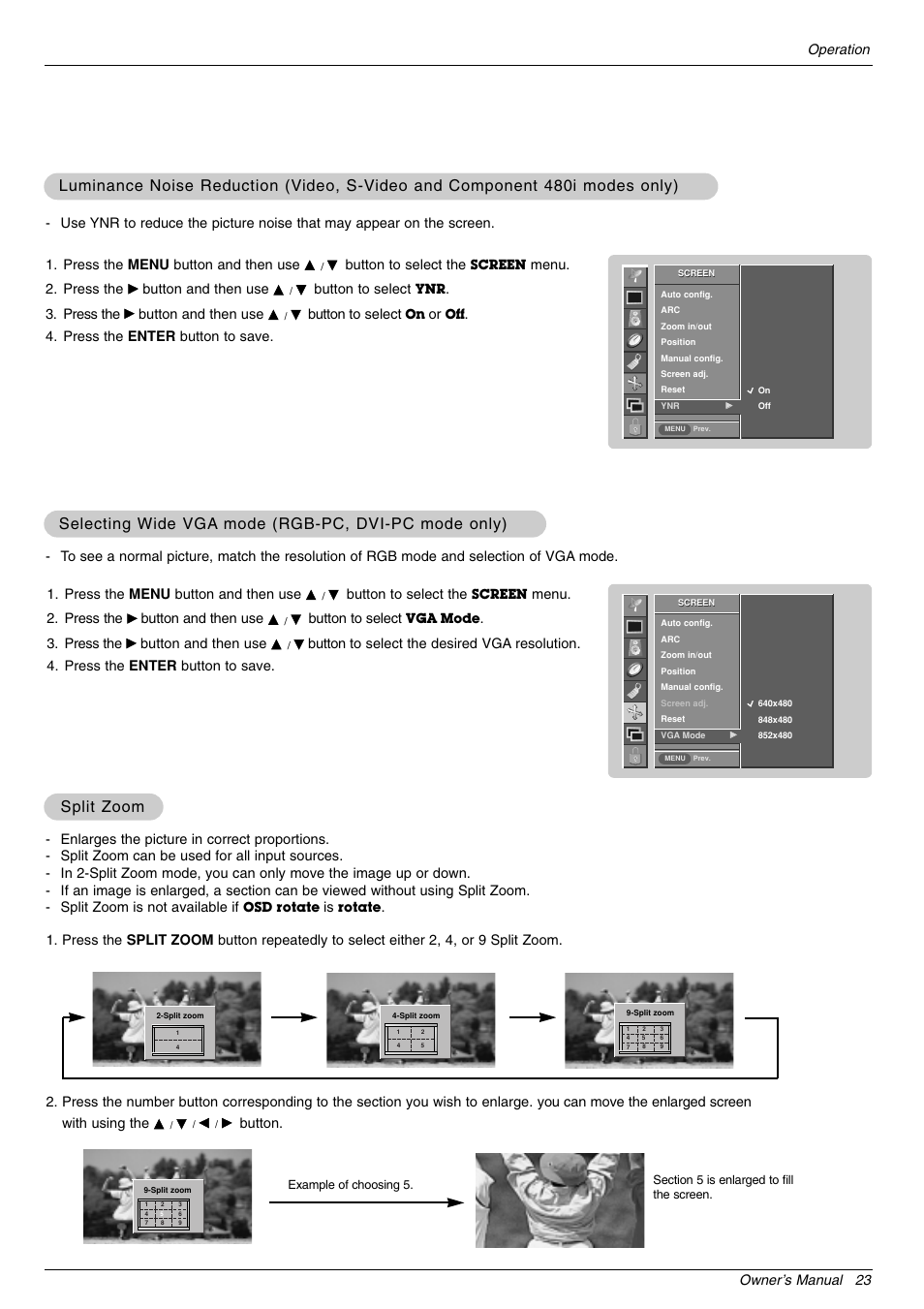 Split zoom, Selecting w, Luminance noise reduction (v | LG 44VK MU-42 User Manual | Page 23 / 39