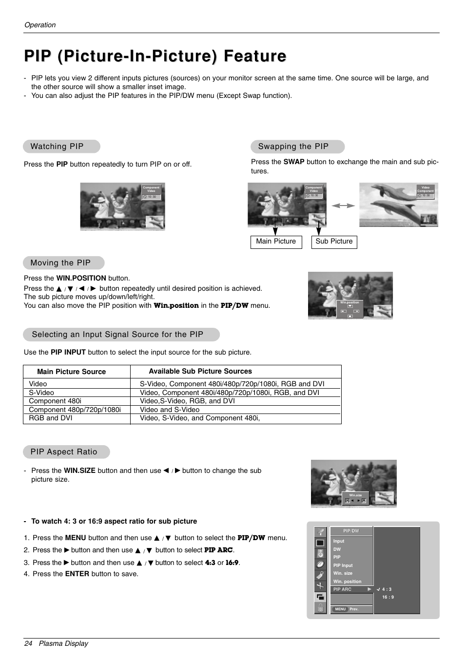 Watching pip atching pip, Swapping the pip, Selecting an input signal source for the pip | LG 44VK MU-42 User Manual | Page 24 / 39