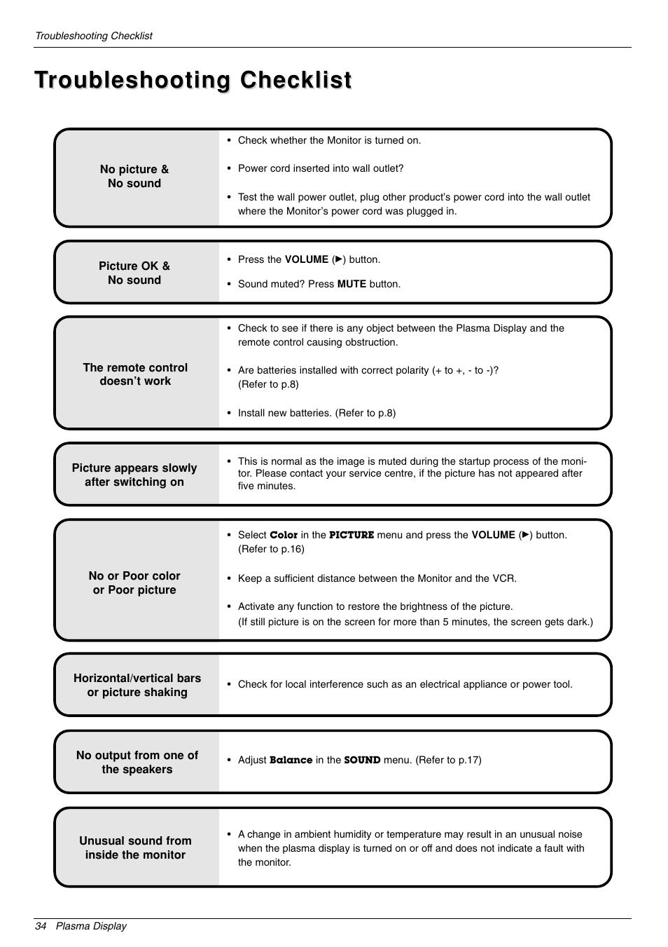 Troubleshooting checklist roubleshooting checklist | LG 44VK MU-42 User Manual | Page 34 / 39