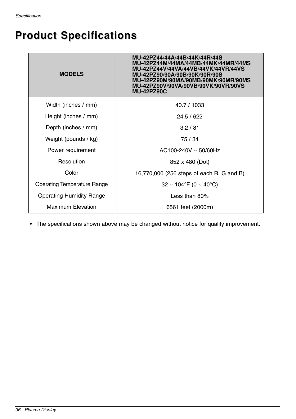Product specifications | LG 44VK MU-42 User Manual | Page 36 / 39